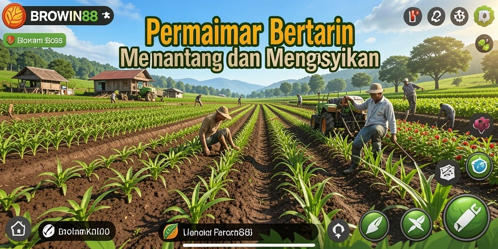 Tampilan gameplay <strong>BROWIN88</strong> yang penuh warna dan imersif di ladang pertanian.