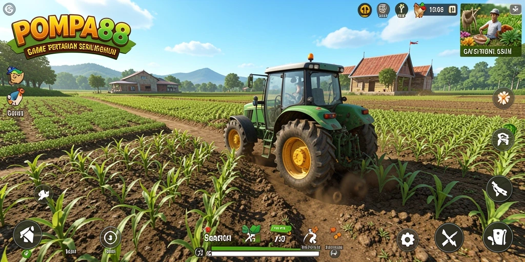 Tangkapan layar POMPA88 menampilkan gameplay bertani yang seru dan interaktif.