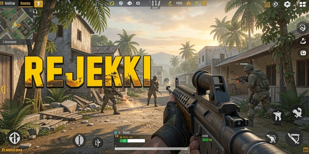 Tampilan gameplay seru dengan aksi tembak-menembak di REJEKI.