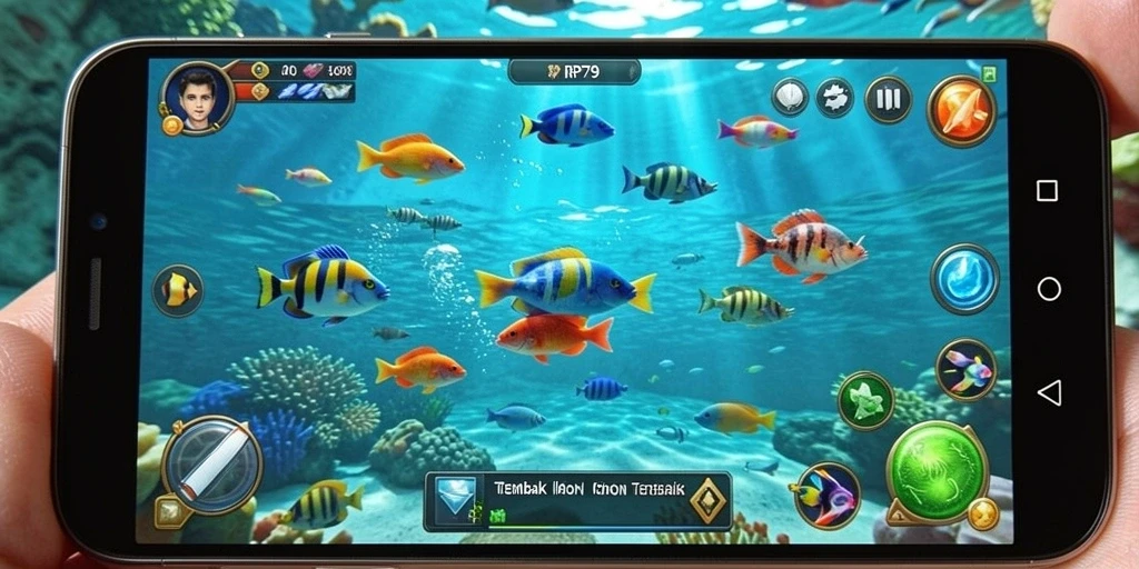 Screenshot RP79 menampilkan aksi seru dalam menembak ikan di bawah laut.