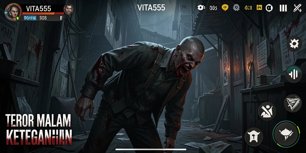 Screenshot gameplay VITA555 menampilkan suasana mencekam dengan efek visual yang menakutkan.